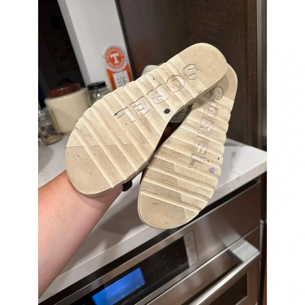 SOREL Ella II Two Strap Striped Sandals featuring tan women's 9.5